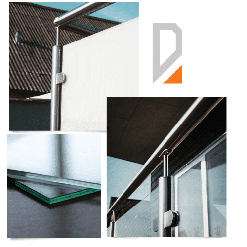 Yhdistelmäkuva, jossa huurrelasikaide ruostumattomalla käsijohteella sekä lähikuva CE-merkitystä laminoidusta turvalasista. Sopii modernille parvekkeelle, terassille tai tuulensuojaksi lisäsuojalla